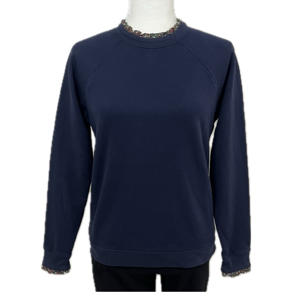 J. Crew Woven Ruffleneck Pullover Sweatshirt Floral Trim Gold Zip Navy Small - Picture 1 of 17
